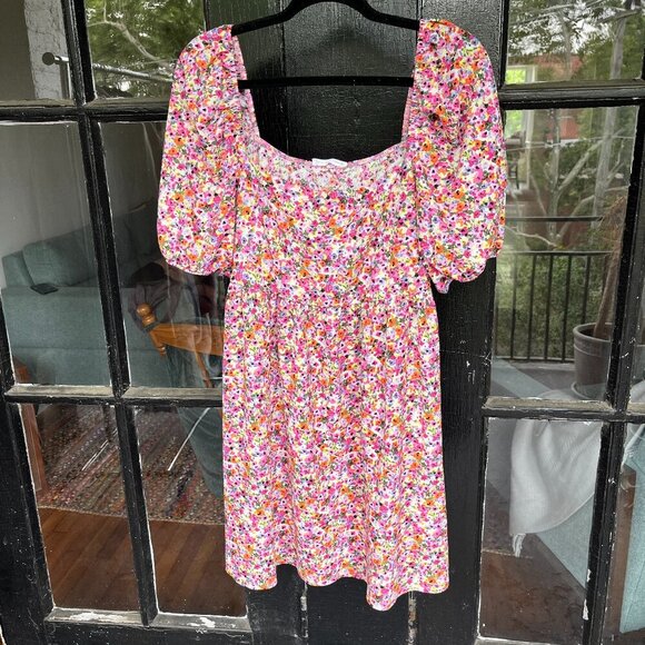 Primark Cares - Bright Floral Print Dress with Cute Puff Sleeves - Size Medium - Picture 1 of 4